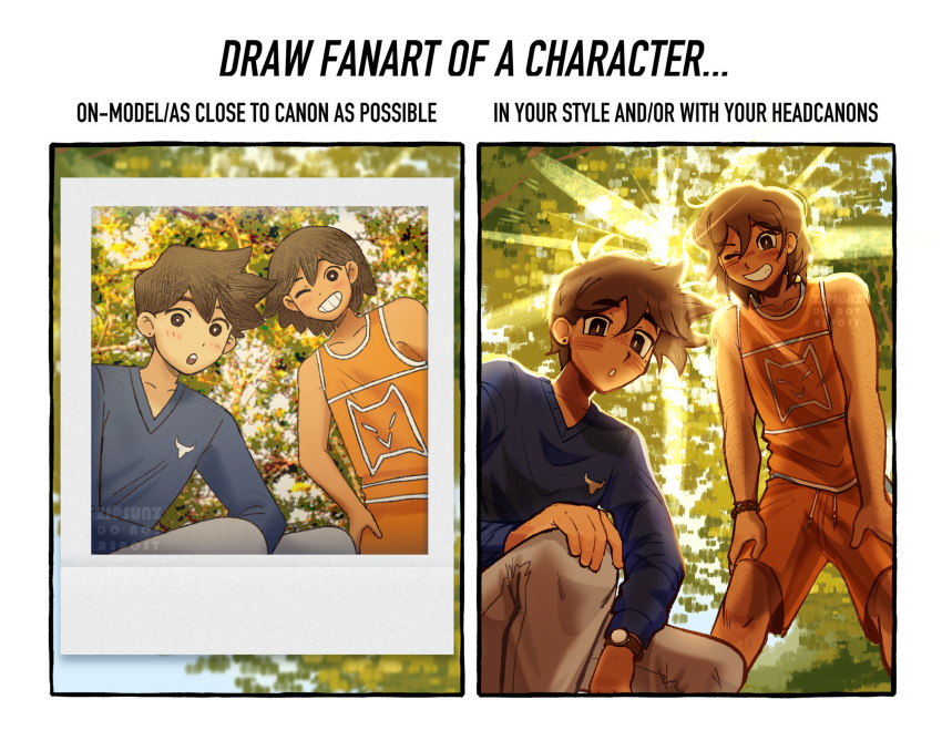 2boys, artist_name, blue_shirt, brown_eyes, brown_hair, dark-skinned_male, dark_skin, earrings