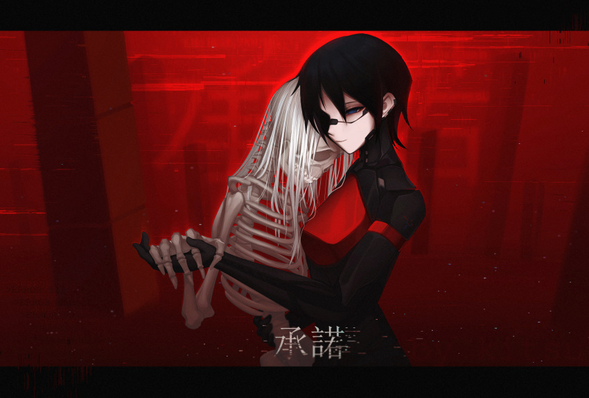 2girls, android, ariane_yeong, black_hair, black_skin, colored_skin, commentary, elster_(signalis), empty_eyes, german_commentary, highres, holding_hands, horror_(theme), hug, kitsu_(skydiverfox), letterboxed, mixed-language_commentary, multiple_girls, one_eye_covered, pale_skin, red_background, signalis, skeleton, spoilers, white_hair