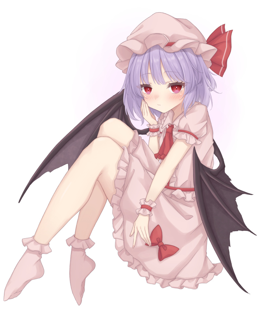 absurdres, ascot, bat_wings, blush, bobby_socks, collared_shirt, frilled_shirt_collar, frilled_skirt, frilled_sleeves, frills, gaden19, hand_on_own_face, hat, highres, light_purple_hair, looking_at_viewer, mob_cap, no_shoes, pink_headwear, pink_shirt, pink_skirt, pink_socks, puffy_short_sleeves, puffy_sleeves, red_ascot, red_eyes, remilia_scarlet, shirt, short_hair, short_sleeves, sitting, skirt, skirt_set, socks, touhou, wings, wrist_cuffs