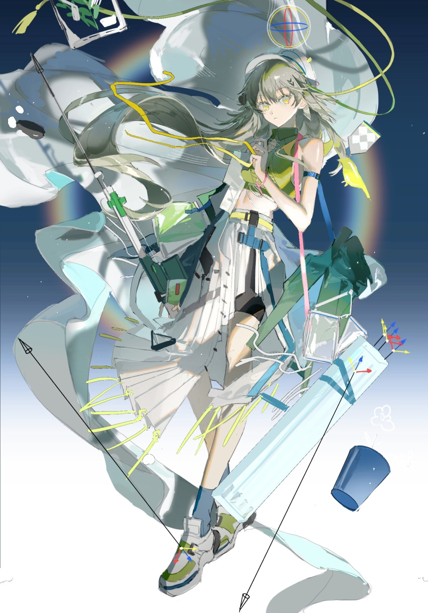 1girl, arknights, armband, arrow_(projectile), arrow_(symbol), bare_shoulders, bird, blue_background, blue_socks, fartooth_(arknights), fartooth_(hear_the_wind_sing)_(arknights), full_body, gradient_background, gradient_hair, green_hair, grey_hair, heqing, highres, holding, holding_weapon, long_hair, looking_at_viewer, multicolored_hair, pinus_sylvestris_logo, rainbow, shoes, shoulder_strap, simple_background, skirt, socks, solo, very_long_hair, weapon, white_background