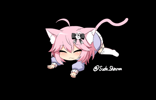 1girl, =_=, ahoge, all_fours, animal_ear_fluff, animal_ears, animal_print, animated, animated_gif, artist_name, black_background, blush, bow, cat_ears, cat_girl, cat_print, cat_tail, chibi, closed_eyes, commentary_request, commission, ear_wiggle, fang, ghost_hair_ornament, hair_between_eyes, hair_bow, hair_ornament, hood, hoodie, indie_virtual_youtuber, long_sleeves, misskey.io_username, no_shoes, nyatasha_nyanners, nyatasha_nyanners_(1st_costume), open_mouth, pink_hair, pink_tail, print_thighhighs, purple_hoodie, short_hair, skeb_commission, smile, solo, stretching, sudou_noboru, tail, thigh-highs, virtual_youtuber, white_thighhighs, yawning