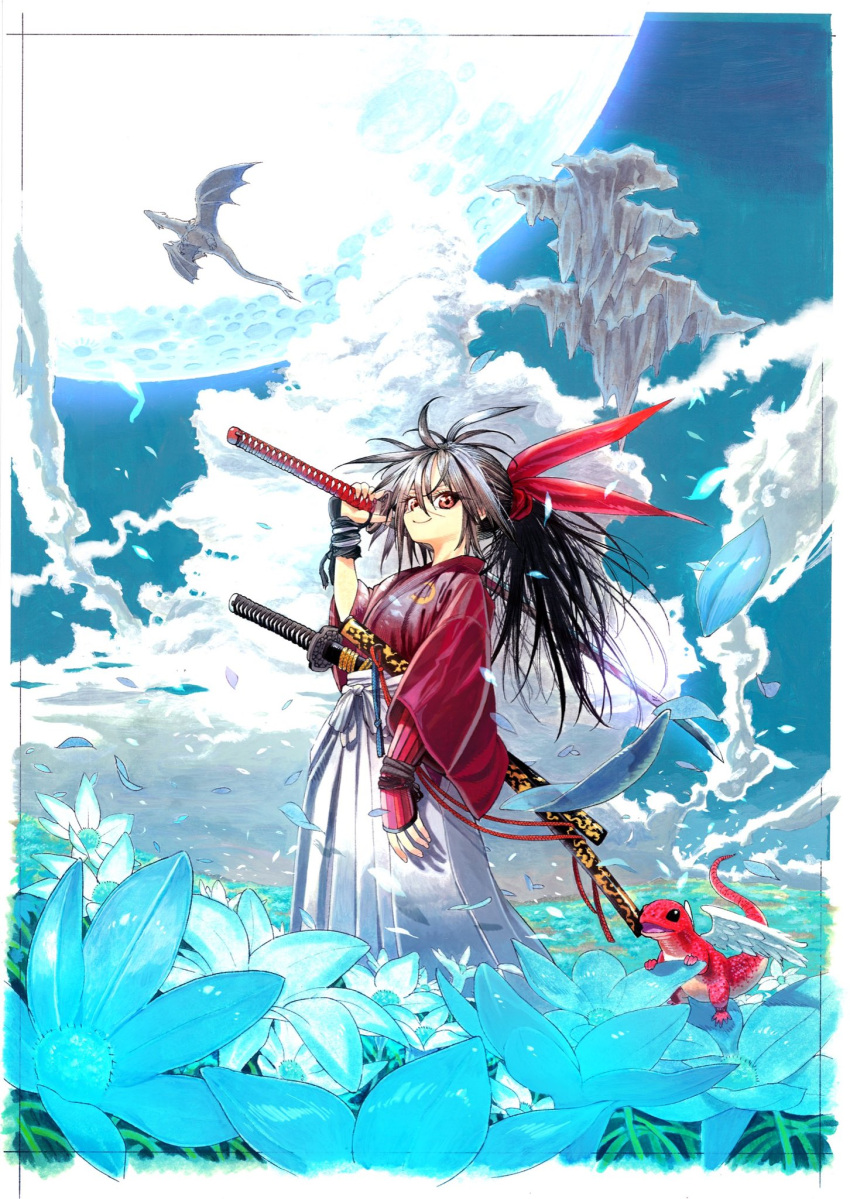 angel_wings, black_hair, blue_flower, bow, clouds, cloudy_sky, dragon, field
