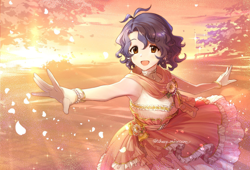 1girl, antenna_hair, blue_hair, blurry, blurry_background, blush, bracelet, breasts, brown_eyes, choker, corsage, dot_nose, dress, earrings, falling_petals, flower, frilled_dress, frills, gloves, highres, hitsuji_oshipu, idolmaster, idolmaster_million_live!, idolmaster_million_live!_theater_days, jewelry, lace, lace_choker, large_breasts, layered_dress, looking_at_viewer, open_mouth, orange_sky, outstretched_arms, pearl_bracelet, petals, pink_sash, pink_scarf, ribbon, sash, scarf, short_hair, sky, sleeveless, sleeveless_dress, smile, solo, sparkle, sunlight, sunset, toyokawa_fuka, tree, twitter_username, wavy_hair, white_flower, white_gloves, yellow_ribbon