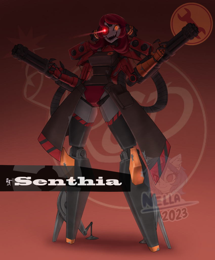 absurdres, diamond_nella, explosive, gatling_gun, grenade, grenade_hair_ornament, highres, humanoid_robot