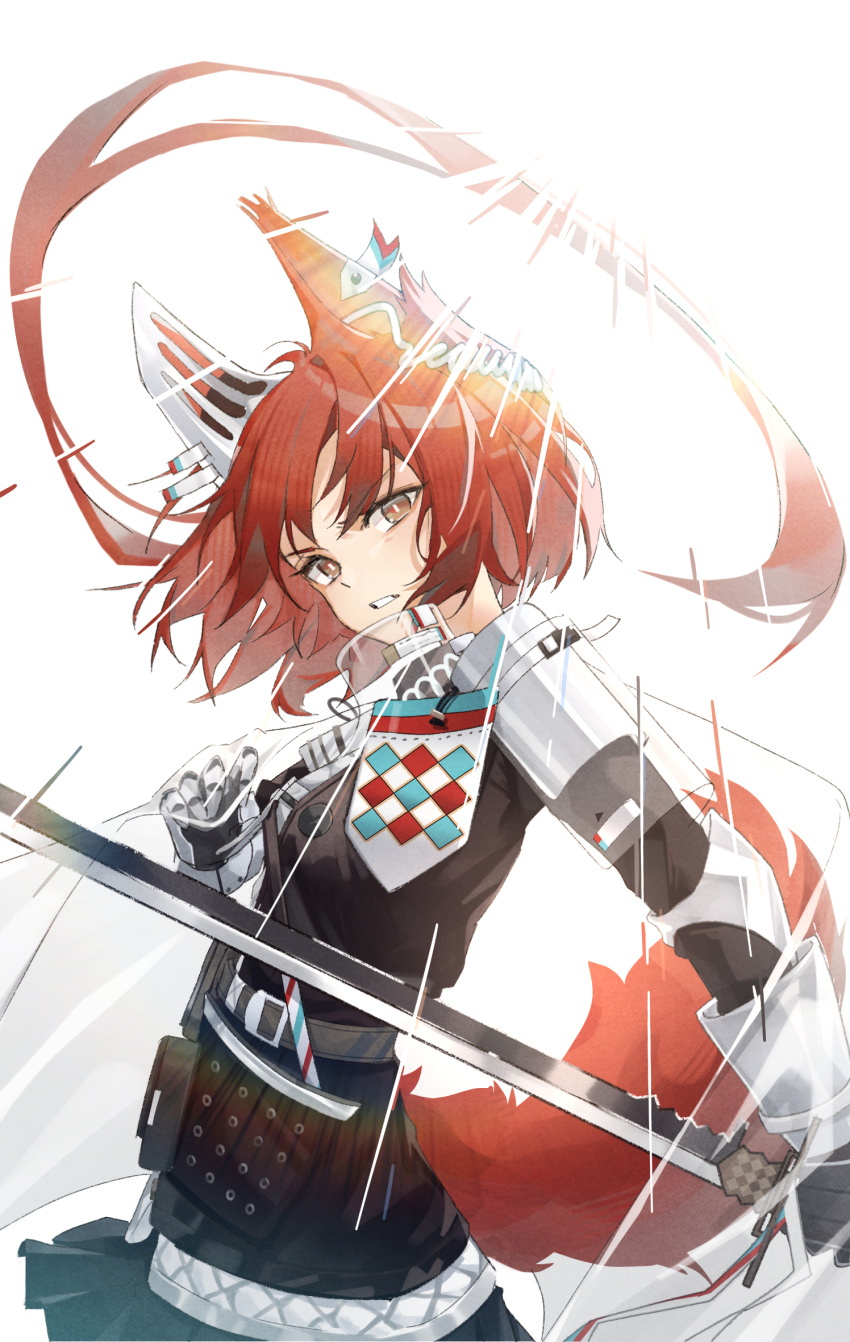 1girl, animal_ears, arknights, armor, belt, brown_eyes, cowboy_shot, flametail_(arknights)