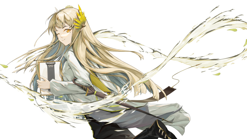 1girl, ;), arknights, black_skirt, brown_hair, clipboard, closed_mouth, closed_umbrella, coat, elf, from_side, hair_ornament, highres, holding, holding_clipboard, hydrokinesis, long_hair, long_sleeves, looking_at_viewer, looking_to_the_side, mole, mole_under_eye, muelsyse_(arknights), one_eye_closed, orange_eyes, pointy_ears, simple_background, skirt, smile, solo, umbrella, upper_body, very_long_hair, water, white_background, white_coat, you_mao_de_zhu_tian