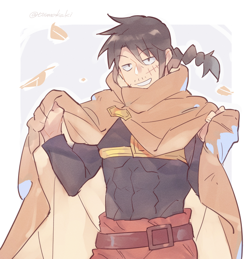 1boy, :d, autumn_leaves, belt, braid, braided_ponytail, cloak, clothes_tug