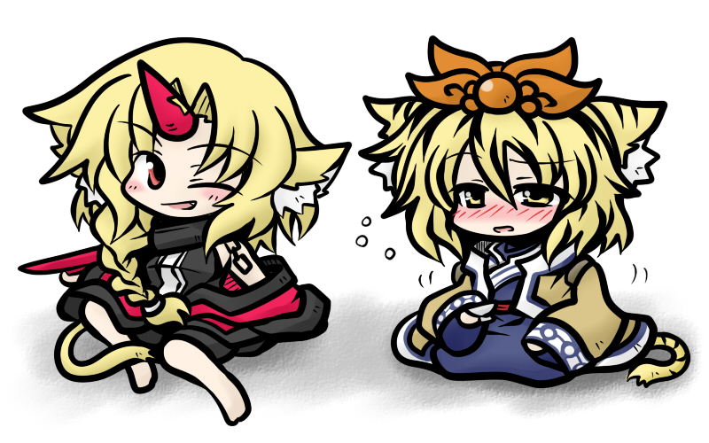 chibi, cosplay, horn, hoshiguma_yuugi, karura, karura_(cosplay), karura_(utawareru_mono), multiple_girls, simple_background, toramaru_shou, touhou, touka, touka_(cosplay), touka_(utawareru_mono), utawareru_mono, utawarerumono, yanagi_(artist)