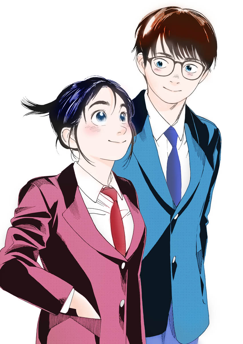 1boy, 1girl, black_hair, blue_eyes, blue_necktie, blue_suit, blush, brown_hair