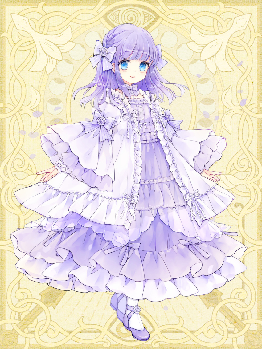 1girl, blue_eyes, bow, chain_paradox, dress, frilled_dress, frills, full_body, hair_bow, highres, long_hair, long_sleeves, natsu_nts, purple_footwear, purple_hair, simple_background, smile, socks, violet_lyonne, white_socks, wide_sleeves, yellow_background