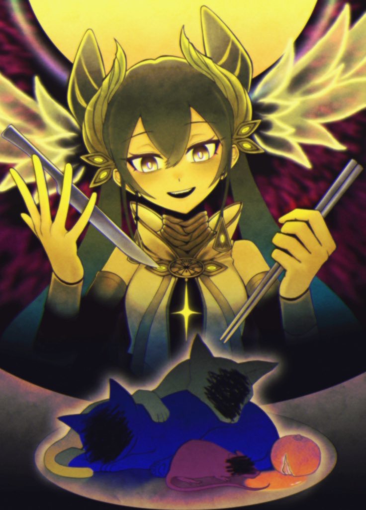 1girl, bare_shoulders, brown_hair, cat, chopsticks, colored_skin, covered_face, duel_monster