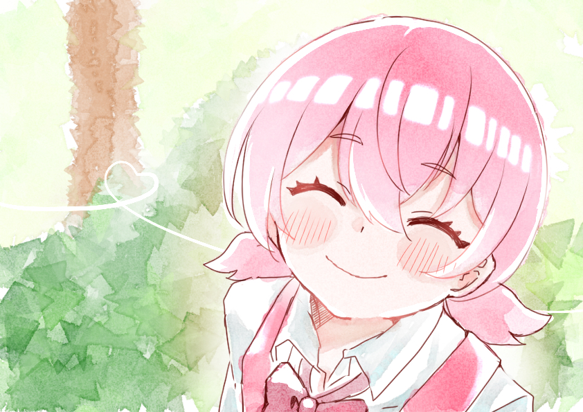 1girl, 3yk0_h, blush, bow, closed_eyes, day, facing_viewer, hair_between_eyes