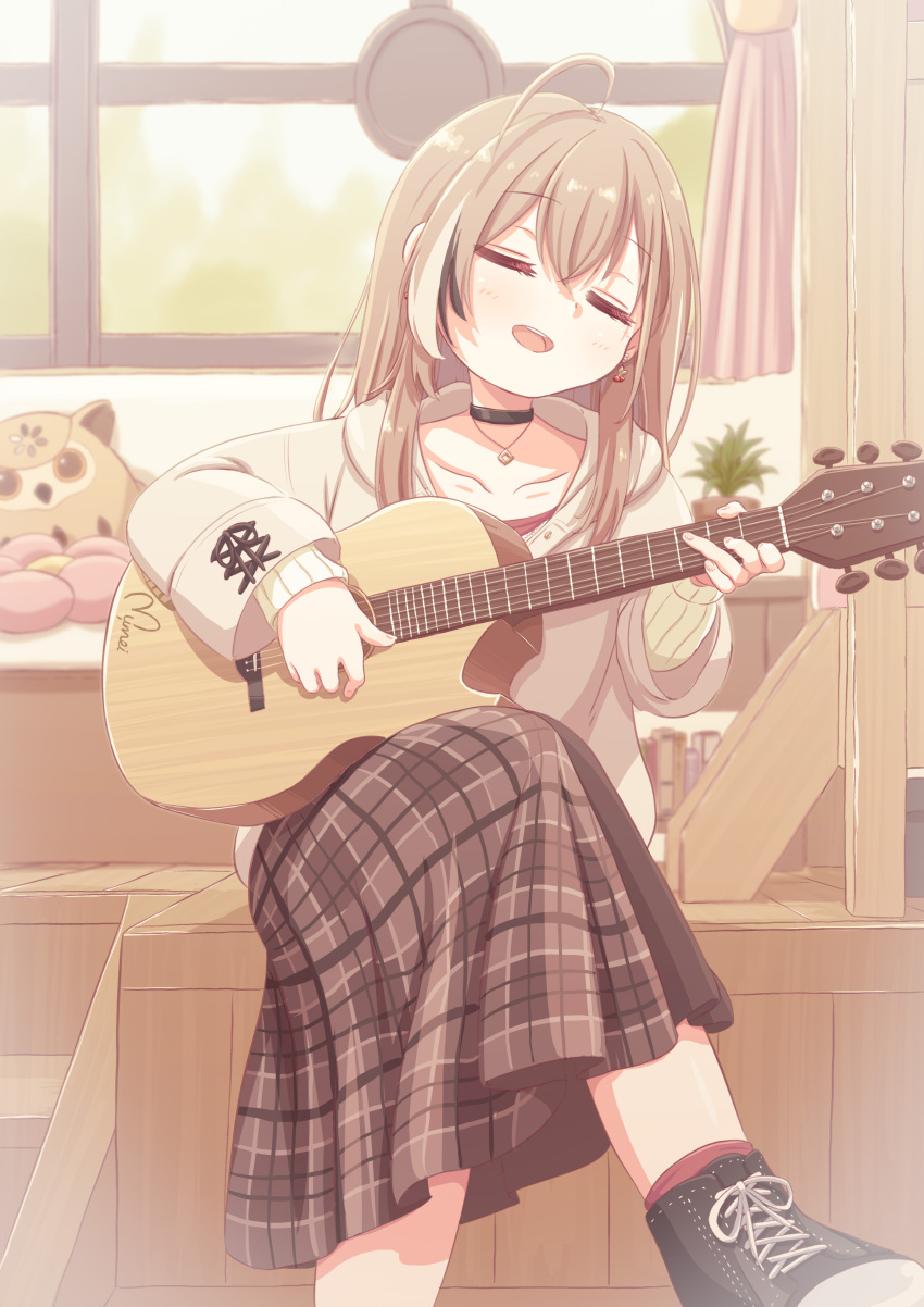 1girl, absurdres, acoustic_guitar, brown_footwear, brown_hair, brown_skirt, brown_sweater, crossed_legs, curtains, guitar, highres, holding, holding_instrument, holocouncil, hololive, hololive_english, hootsie_(nanashi_mumei), indoors, instrument, kiwami133, long_hair, long_sleeves, multicolored_hair, music, nanashi_mumei, open_mouth, playing_instrument, signature, singing, sitting, skirt, solo, streaked_hair, sweater, virtual_youtuber, window