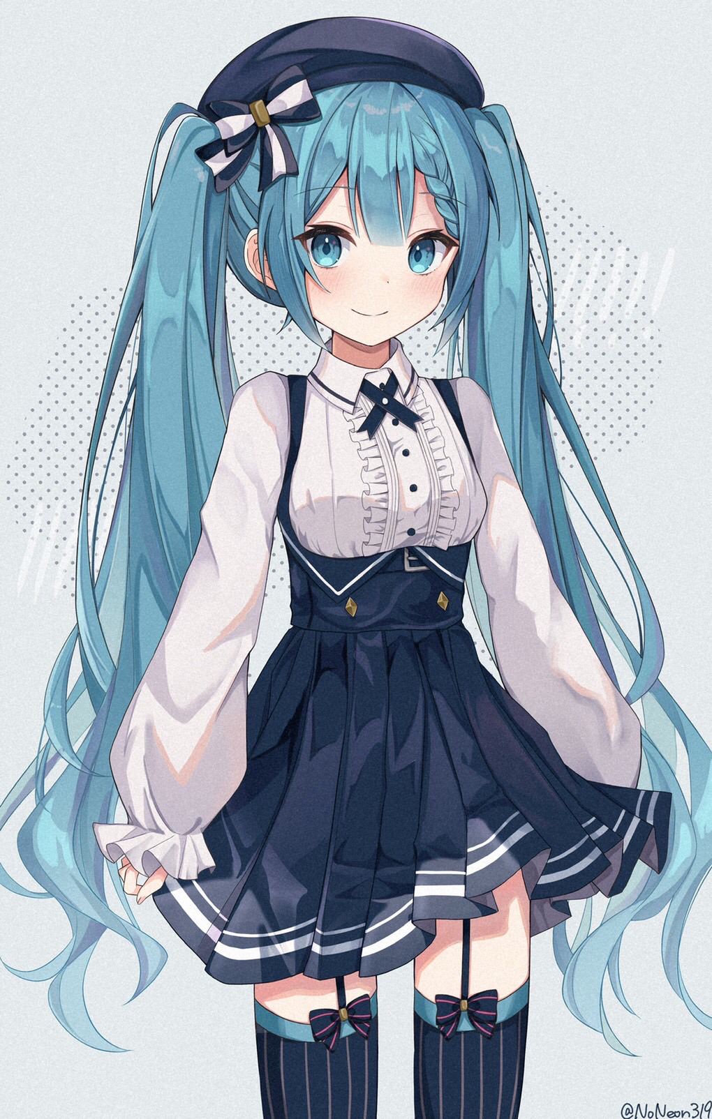1girl, arms_at_sides, beret, black_bow, black_skirt, black_thighhighs, blue_eyes, blue_hair, blue_headwear, blush, bow, braid, buttons, center_frills, closed_mouth, collared_shirt, commentary, cowboy_shot, dot_nose, english_commentary, frills, garter_straps, grey_background, hair_between_eyes, hat, hat_bow, hatsune_miku, high-waist_skirt, highres, long_hair, long_sleeves, looking_at_viewer, noneon319, pinstripe_thighhighs, pleated_skirt, polka_dot, polka_dot_background, puffy_sleeves, raised_eyebrows, shirt, shirt_tucked_in, sidelocks, signature, simple_background, skirt, smile, solo, striped, striped_bow, suspender_skirt, suspenders, thigh-highs, twintails, very_long_hair, vocaloid, white_shirt, zettai_ryouiki