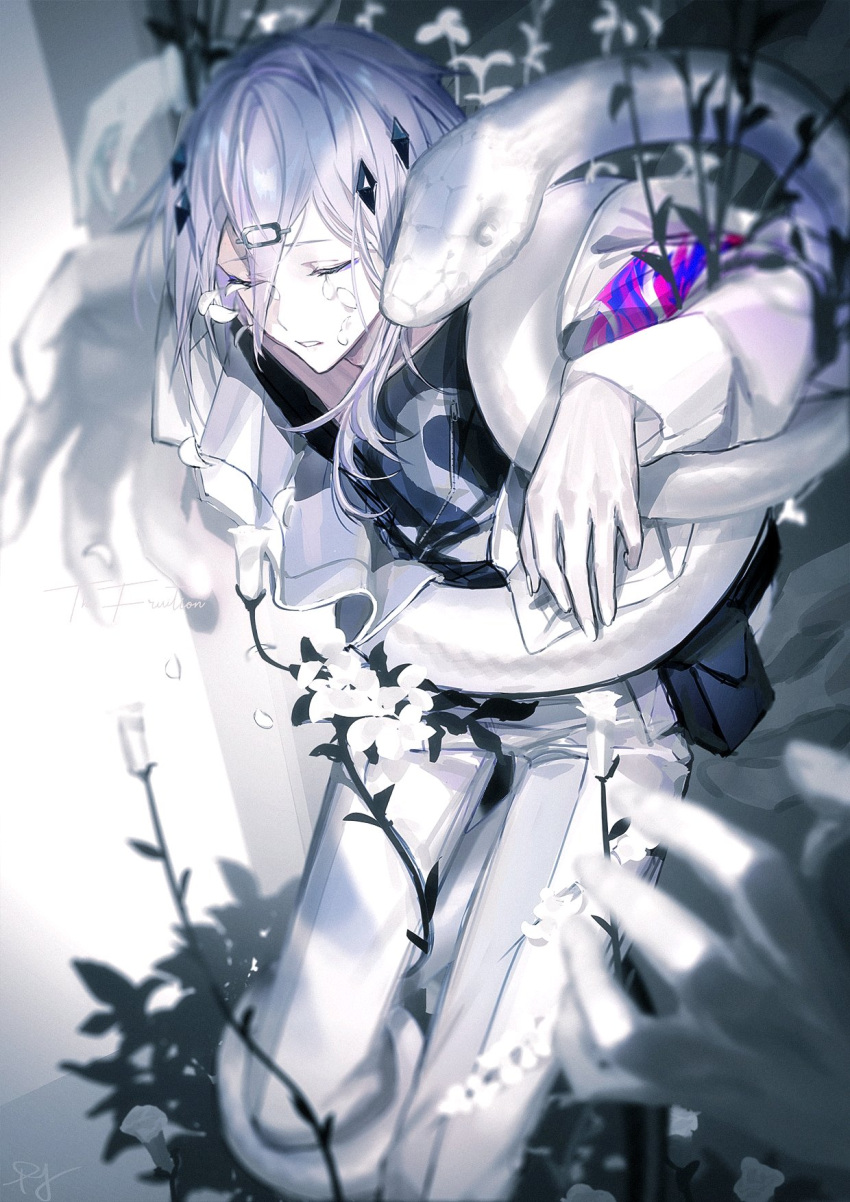 1boy, animal_on_arm, arknights, black_shirt, blurry, blurry_foreground, closed_eyes, commentary