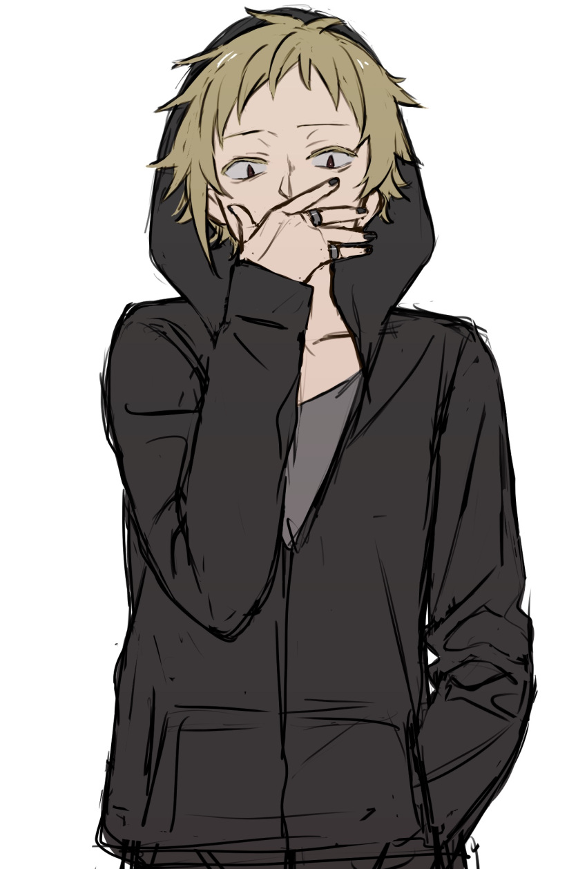 1boy, b_(bgoldmole), black_eyes, black_hoodie, black_nails, casual, colored_eyelashes, commentary