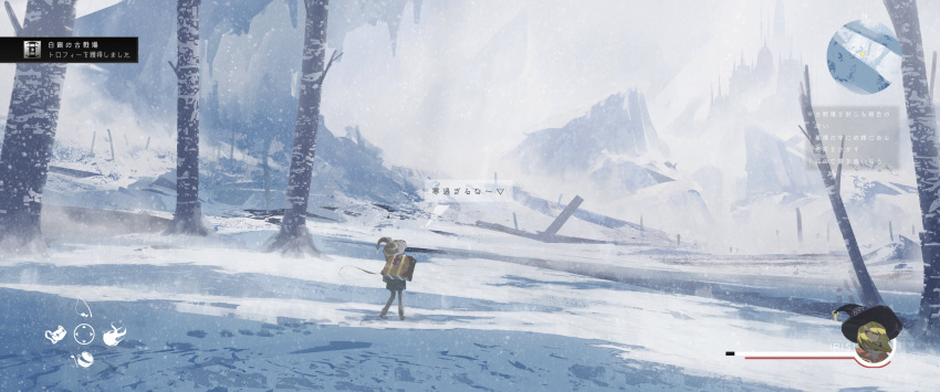 1girl, absurdres, achievement_unlocked, asteroid_ill, black_jacket, carrying_over_shoulder, castle, cliff