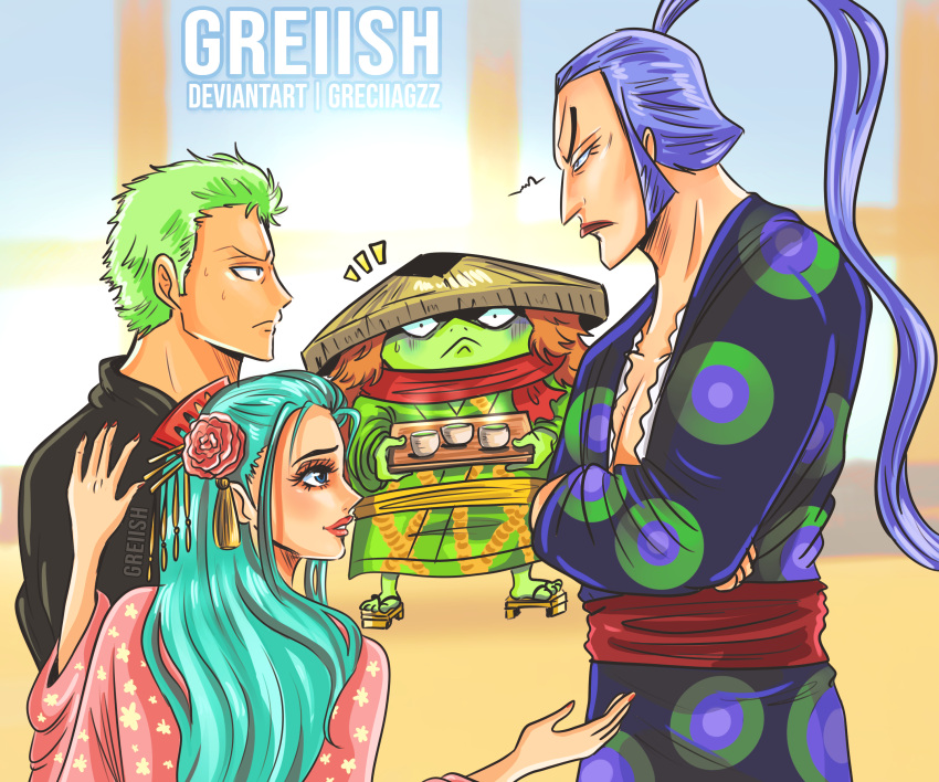 1girl, 3boys, absurdres, aqua_hair, artist_name, closed_mouth, crossed_arms, denjirou_(one_piece)