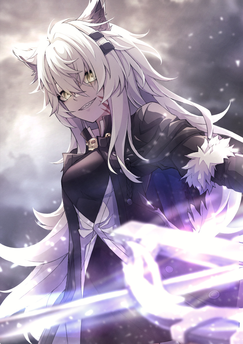 1girl, absurdres, animal_ears, arknights, black_jacket, black_shirt, collared_jacket, cowboy_shot, day, dutch_angle, from_below, glint, grey_sky, grin, hair_between_eyes, hair_ornament, hairclip, highres, holding, holding_sword, holding_weapon, jacket, lappland_(arknights), lappland_(refined_horrormare)_(arknights), long_hair, looking_at_viewer, messy_hair, open_clothes, open_jacket, open_mouth, outdoors, ruisuke, scar, scar_on_face, sharp_teeth, shirt, sidelocks, sky, smile, solo, sword, teeth, weapon, white_hair, wolf_ears, wolf_girl, yellow_eyes