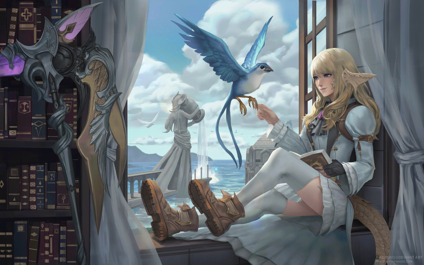 1girl, adpong, ascot, au_ra, bird, bird_wings, black_ascot, blonde_hair