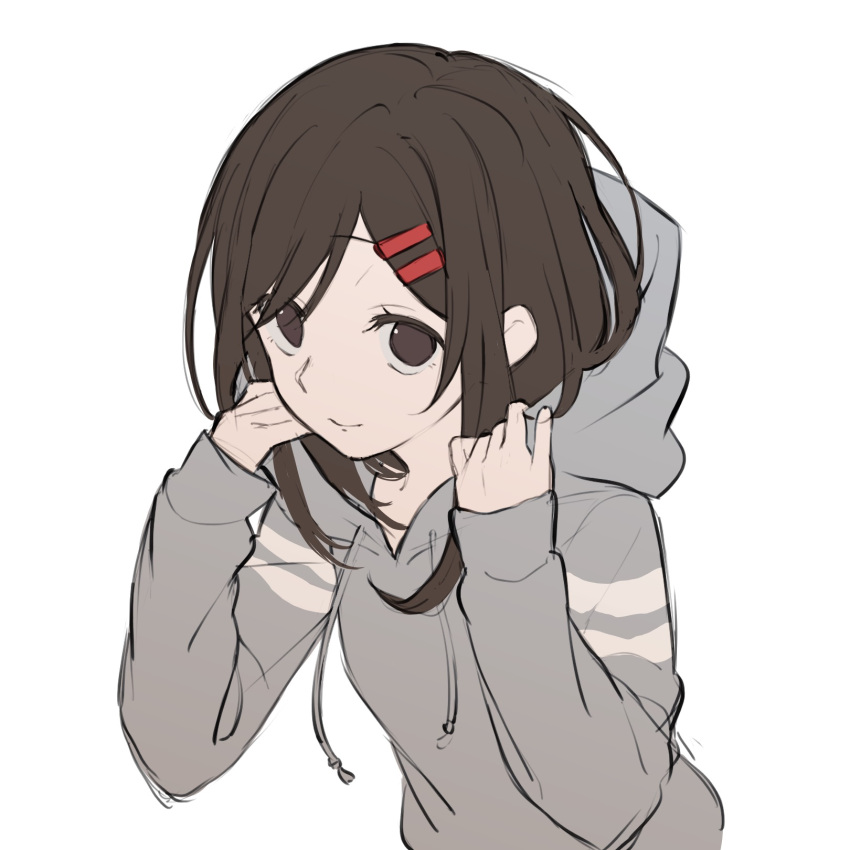 1girl, adjusting_clothes, adjusting_hood, alternate_costume, b_(bgoldmole), brown_eyes, brown_hair, closed_mouth
