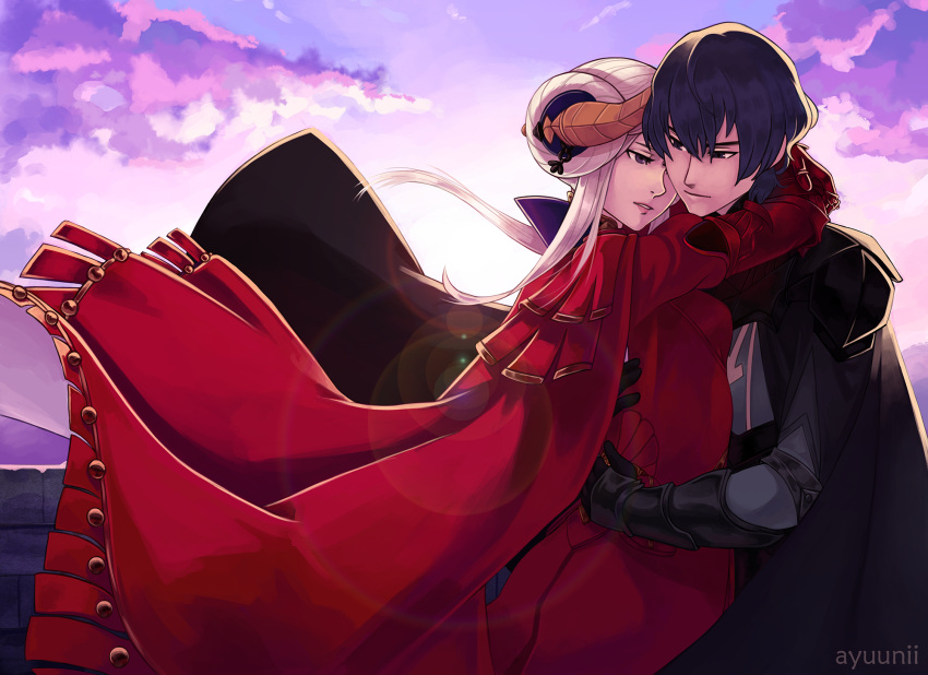 1boy, 1girl, artist_name, ayuuniiart, byleth_(fire_emblem), byleth_(male)_(fire_emblem), cape, clouds