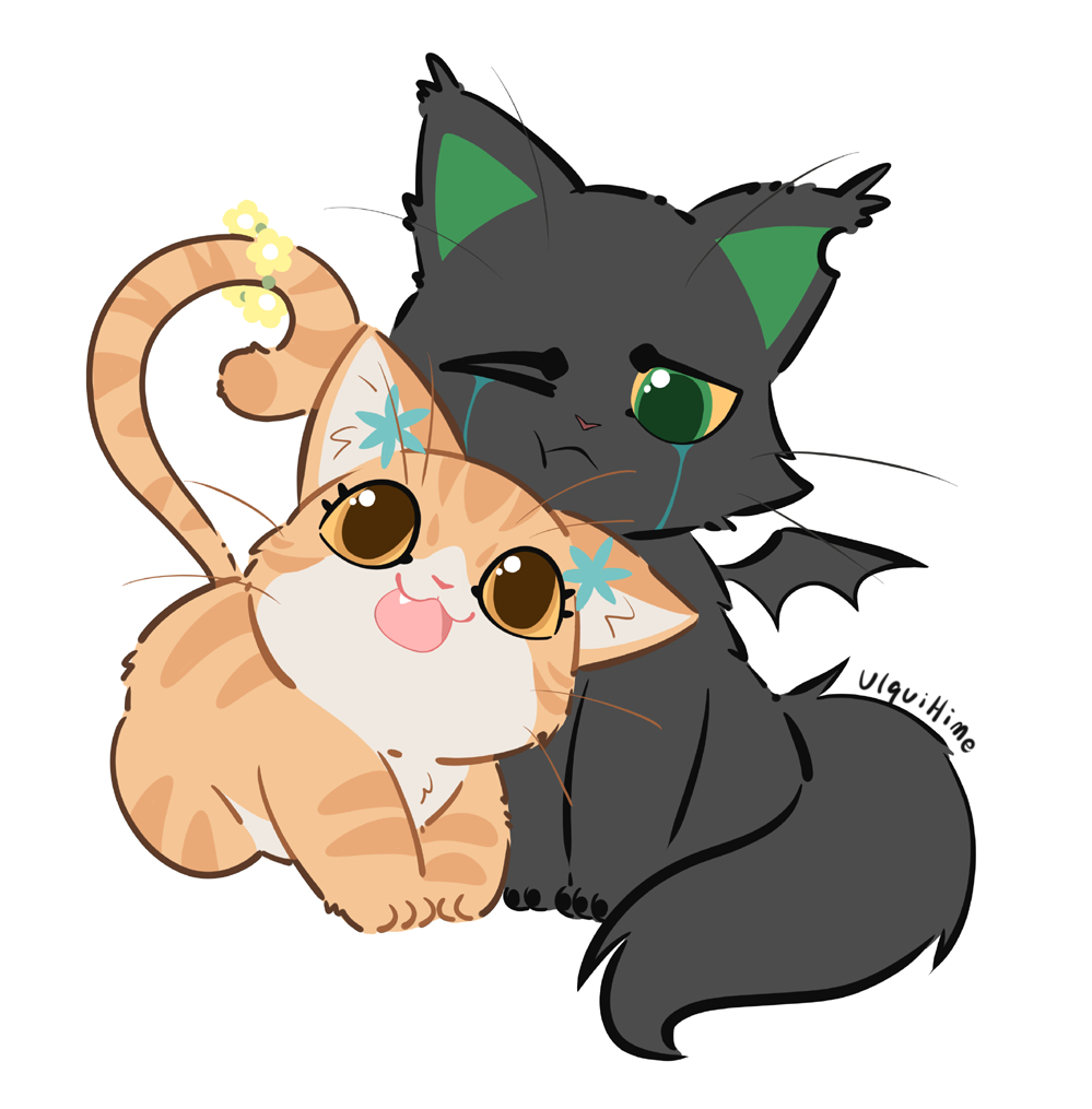animal_focus, animalization, aou_(tcwth), black_cat, bleach, cat, colored_sclera, demon_wings, eyelashes, facial_mark, fang, green_eyes, inoue_orihime, no_humans, notched_ear, one_eye_closed, open_mouth, simple_background, tabby_cat, ulquiorra_cifer, whiskers, white_background, wings, yellow_footwear, yellow_sclera