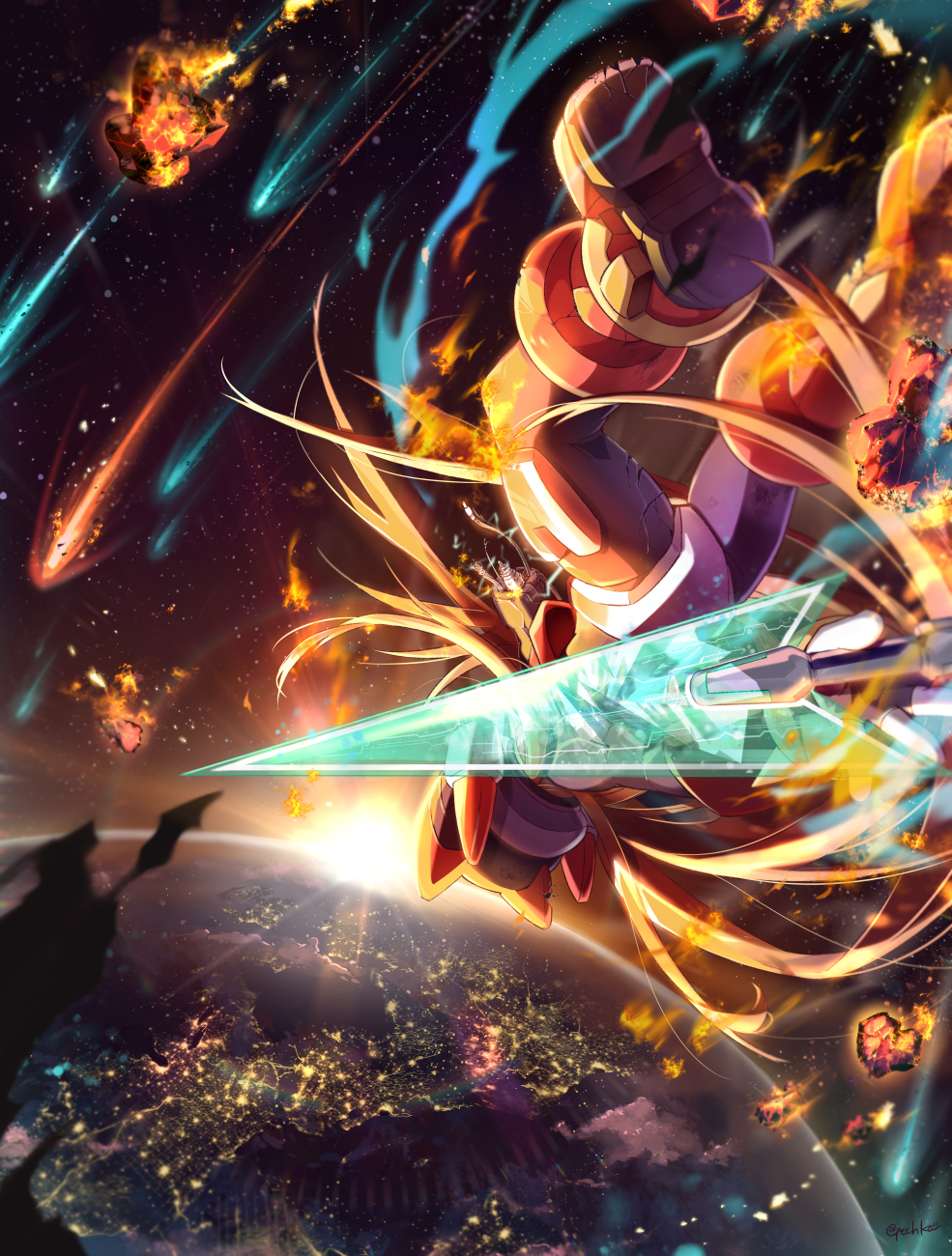 1boy, android, blonde_hair, commentary_request, cropped_jacket, earth_(planet), fire, helmet
