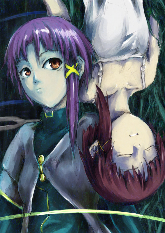 bare_shoulders, brown_eyes, brown_hair, closed_eyes, hair_ribbon, iwakura_lain, nightshirt, purple_hair