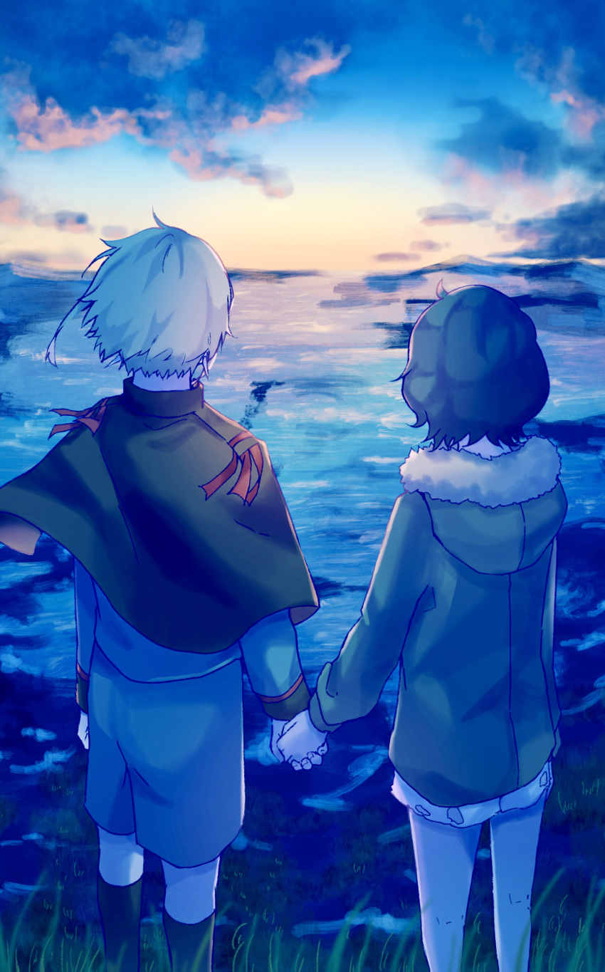 1boy, 1girl, arm_at_side, asticassia_school_uniform, black_hair, black_socks, blue_jacket, blue_pants