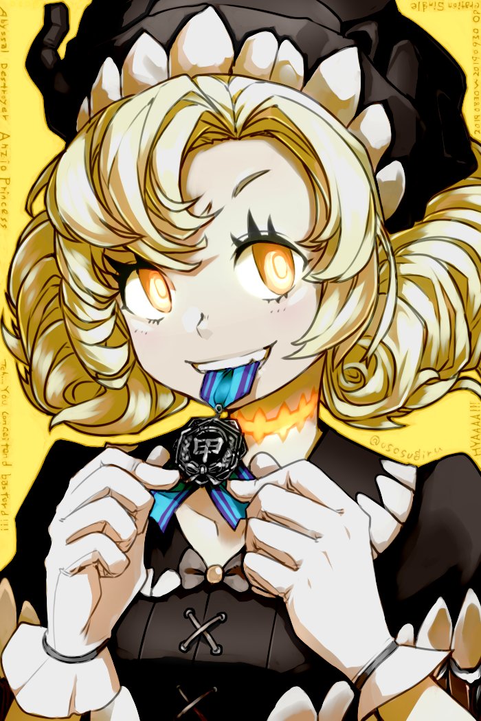 1girl, abyssal_ship, anzio_princess, biting, black_dress, black_headwear, blonde_hair, character_name
