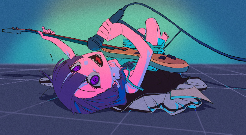 1girl, :d, bass_guitar, black_bow, blunt_bangs, bocchi_the_rock!, bow, braid