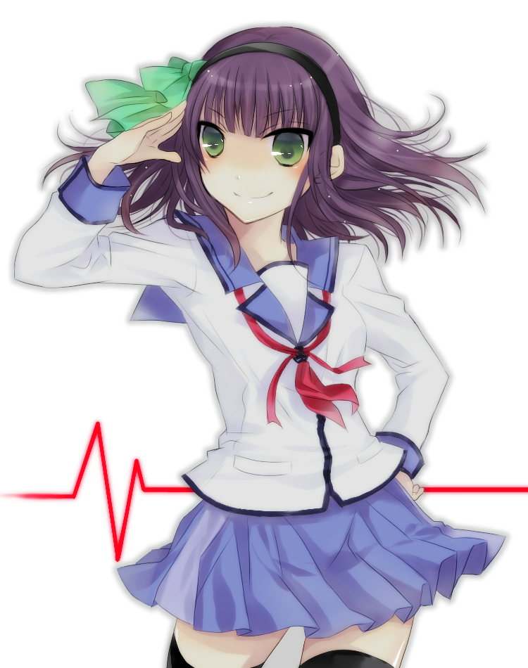 bad_id, black_legwear, black_thighhighs, bow, green_eyes, hair_bow, hairband, hand_on_hip