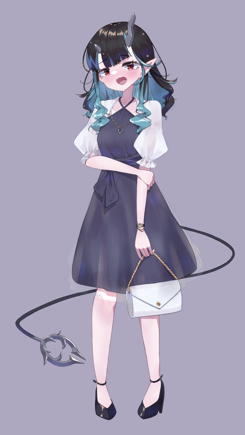 1girl, absurdres, alternate_costume, bag, black_dress, black_footwear, black_hair, blue_hair, blunt_bangs, blush, breasts, carmi11la, commentary_request, demon_girl, demon_horns, demon_tail, dress, frilled_sleeves, frills, full_body, grey_background, high_heels, highres, holding, holding_bag, holding_own_arm, horns, long_hair, looking_at_viewer, multicolored_hair, nanashi_inc., open_mouth, pointy_ears, puffy_short_sleeves, puffy_sleeves, red_eyes, shirt, shishio_chris, short_sleeves, simple_background, small_breasts, smile, solo, standing, tail, two-tone_hair, virtual_youtuber, white_shirt