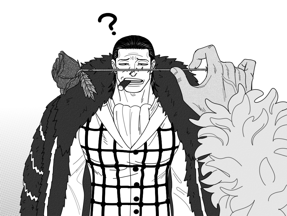 2boys, ?, ascot, black_hair, cigar, crocodile_(one_piece), dark-skinned_male, dark_skin