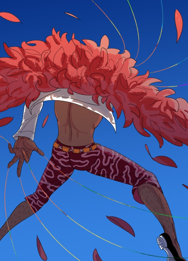 1boy, ass, back, back_focus, blue_sky, dark-skinned_male, dark_skin, donquixote_doflamingo
