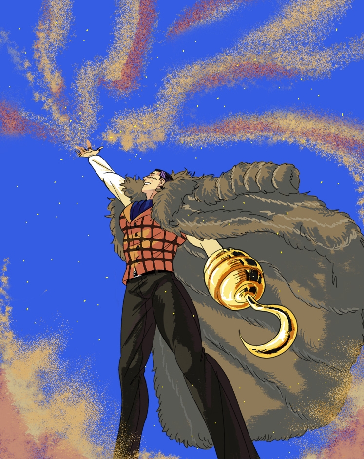 1boy, black_hair, blue_sky, coat, coat_on_shoulders, crocodile_(one_piece), dark-skinned_male, dark_skin