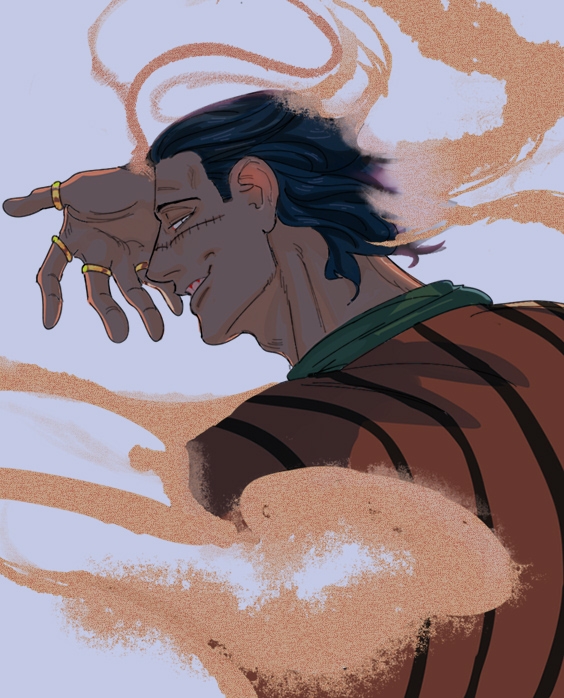 1boy, black_hair, crocodile_(one_piece), cropped_torso, dark-skinned_male, dark_skin, evil_smile, fighting_stance