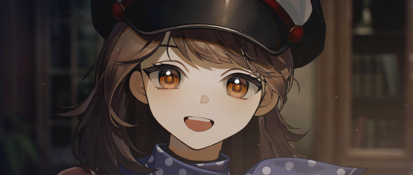1girl, :d, blue_neckerchief, blurry, blurry_background, bookshelf, brown_eyes, brown_hair