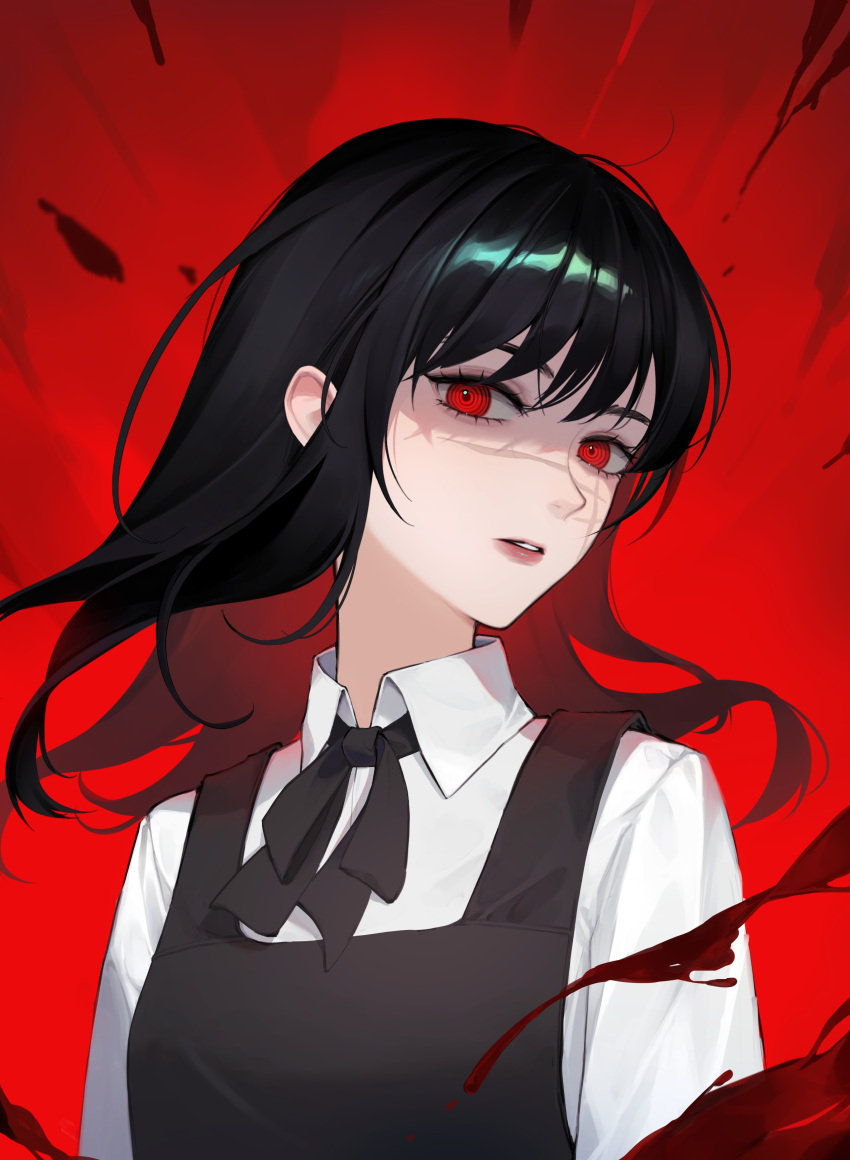 1girl, absurdres, black_dress, black_hair, black_ribbon, blood, chainsaw_man, collared_shirt, commentary_request, cross_scar, dbr_(dbruuu9), dress, fourth_east_high_school_uniform, highres, lips, long_hair, long_sleeves, looking_at_viewer, neck_ribbon, parted_lips, pinafore_dress, pink_lips, red_background, red_eyes, ribbon, ringed_eyes, scar, scar_on_face, school_uniform, shirt, simple_background, sleeveless, sleeveless_dress, solo, uniform, white_shirt, yoru_(chainsaw_man)