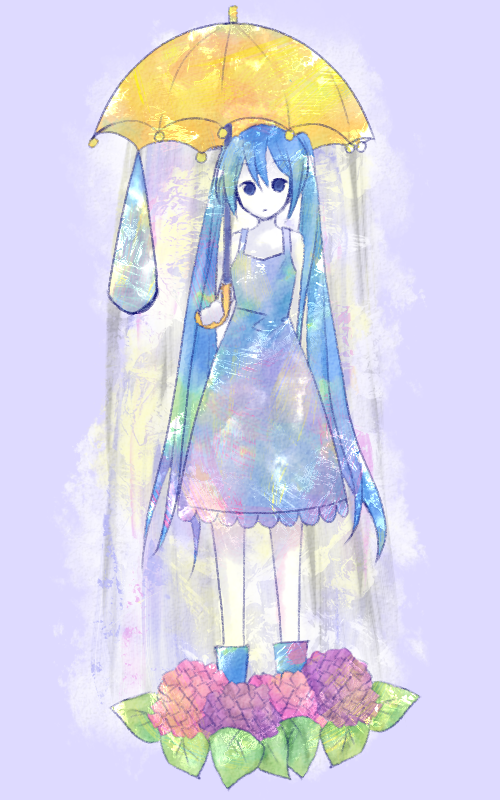 blue_eyes, boots, dress, hatsune_miku, long_hair, mugimaro35, rain, solo