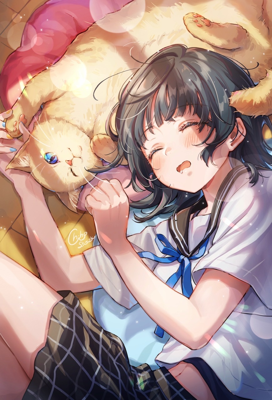 1girl, animal, black_hair, black_sailor_collar, black_skirt, blue_nails, blue_ribbon, blush