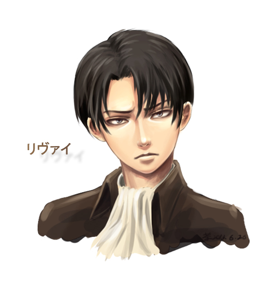 1boy, ascot, black_hair, brown_jacket, closed_mouth, greenteaa, grey_eyes, jacket