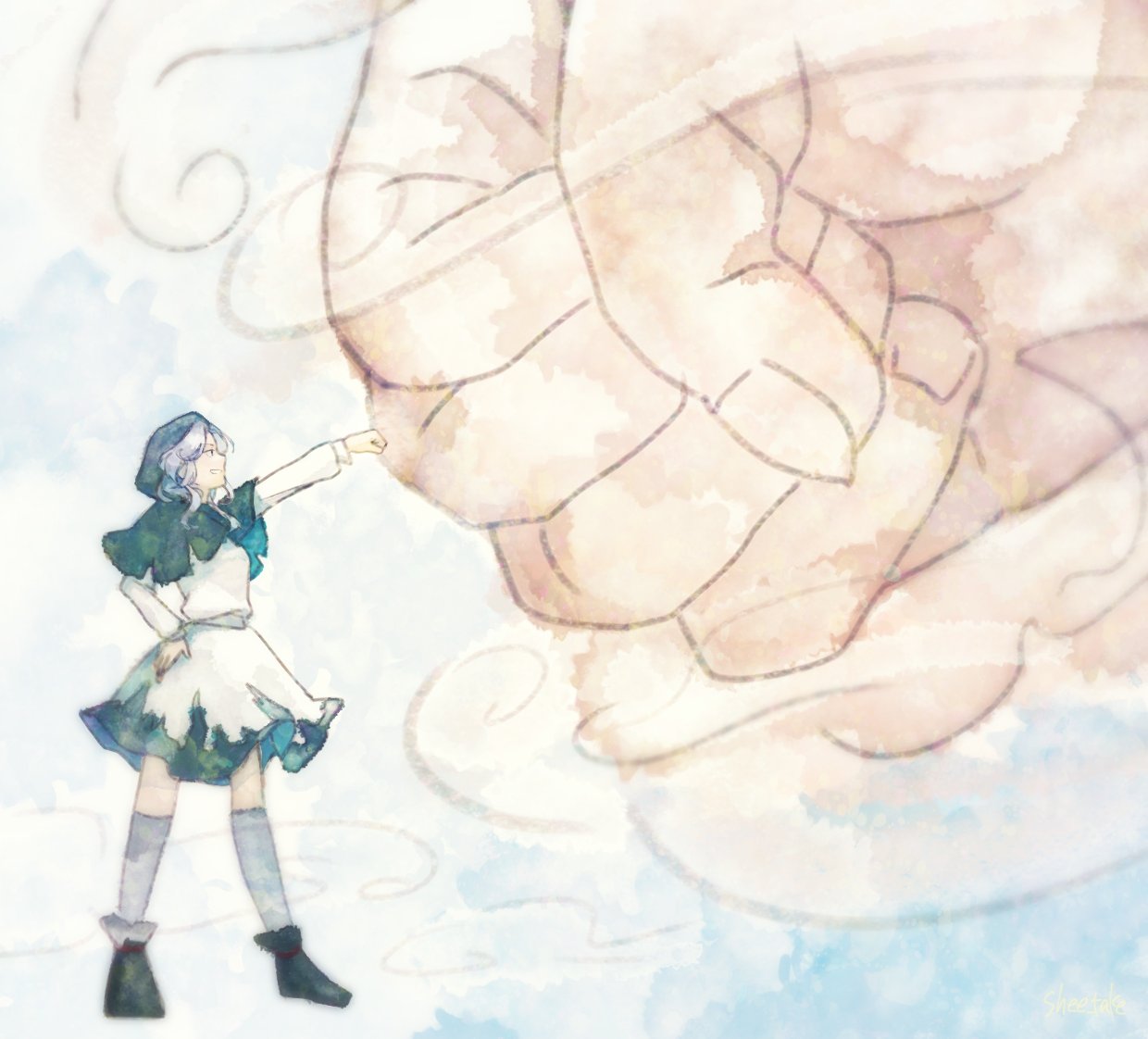 1girl, blue_footwear, blue_socks, fist_bump, giant_hand, hood, kneehighs, long_sleeves