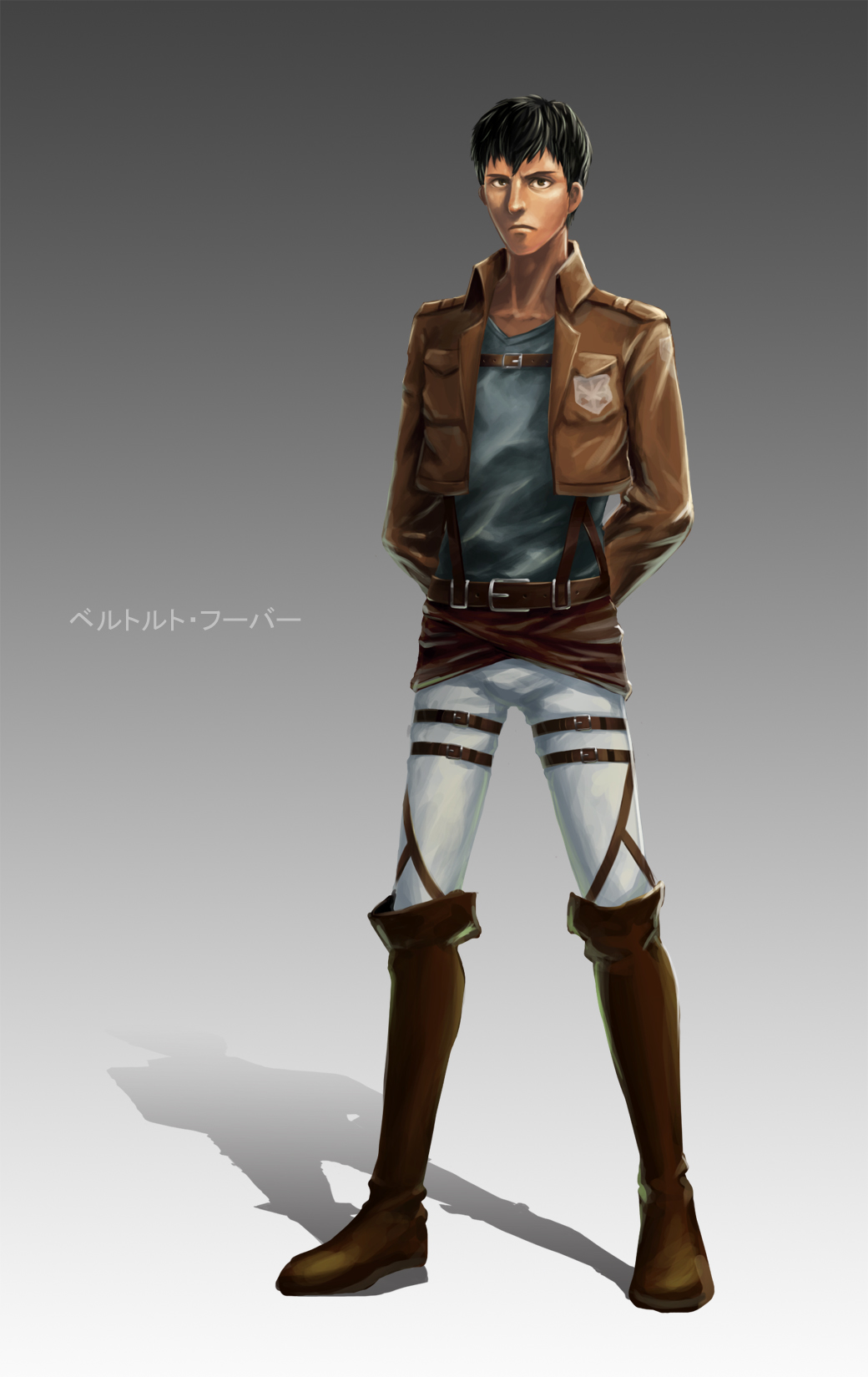 1boy, arms_behind_back, belt, bertolt_hoover, black_hair, boots, brown_belt, brown_footwear