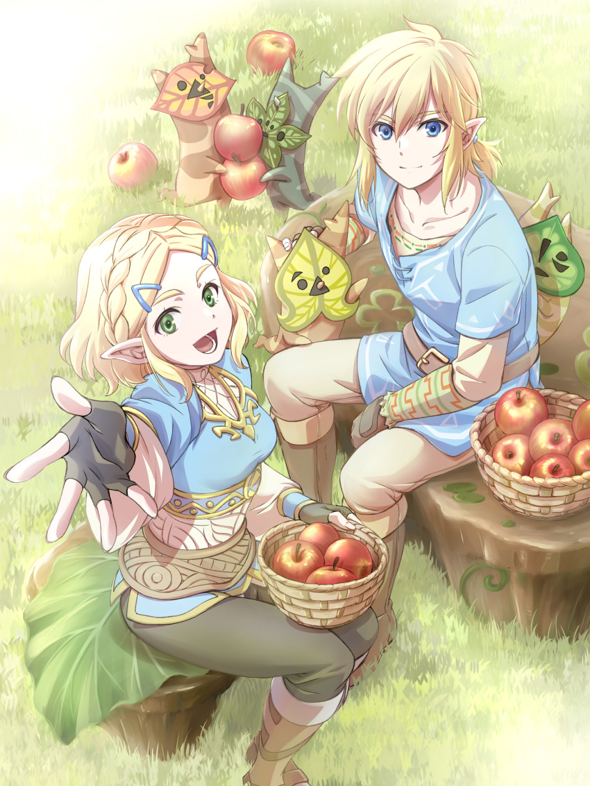 1boy, 1girl, :d, absurdres, apple, black_gloves, black_pants, blonde_hair, blue_eyes, blue_tunic, braid, brown_pants, closed_mouth, commentary_request, crown_braid, fingerless_gloves, food, fruit, fruit_basket, gloves, green_eyes, hair_between_eyes, hair_ornament, hairclip, headpat, highres, korok, link, looking_at_viewer, outdoors, outstretched_arm, pants, pointy_ears, princess_zelda, reaching, reaching_towards_viewer, short_hair, short_ponytail, sitting, smile, the_legend_of_zelda, the_legend_of_zelda:_tears_of_the_kingdom, tomo.puri