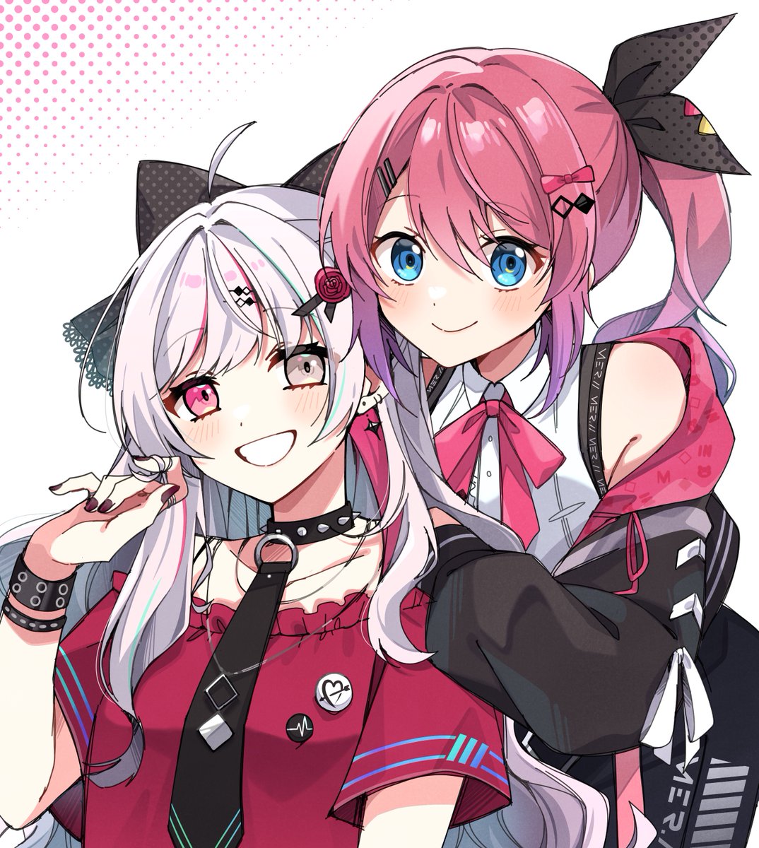 2girls, antsat0x, bare_shoulders, blue_eyes, bow, bracelet, grey_eyes, grey_hair