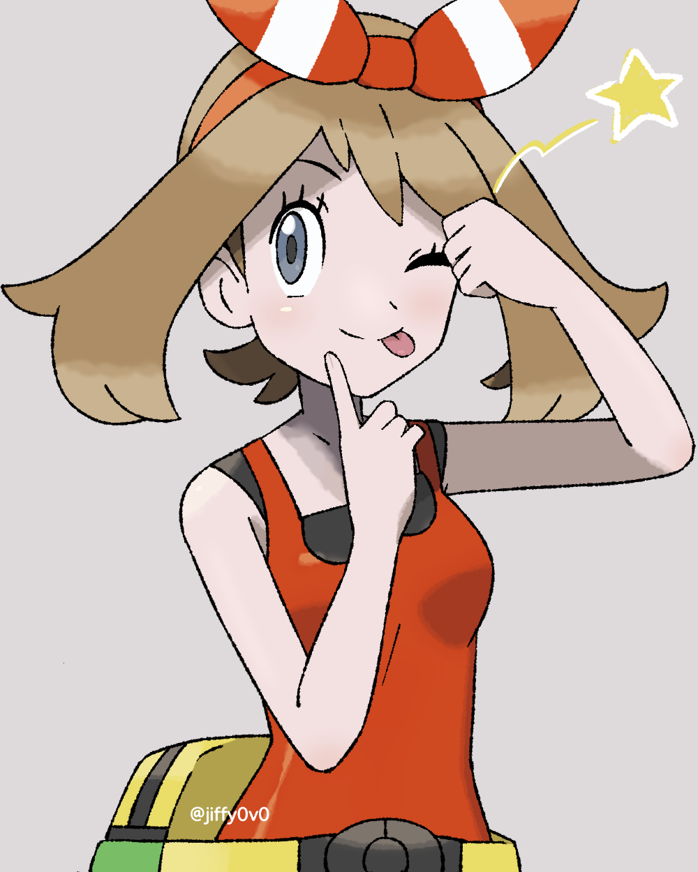 1girl, ;p, bare_arms, bow_hairband, brown_hair, closed_mouth, commentary, eyelashes