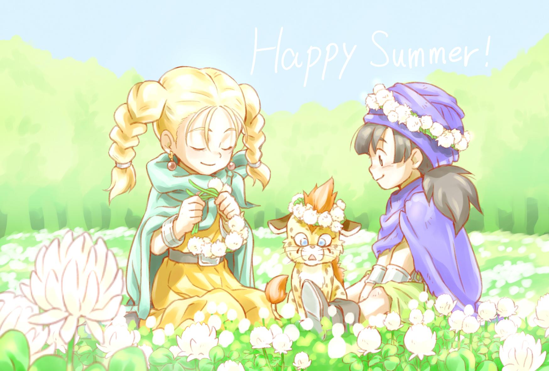 1boy, 1girl, aged_down, belt, bianca_(dq5), black_footwear, black_hair, blue_sky
