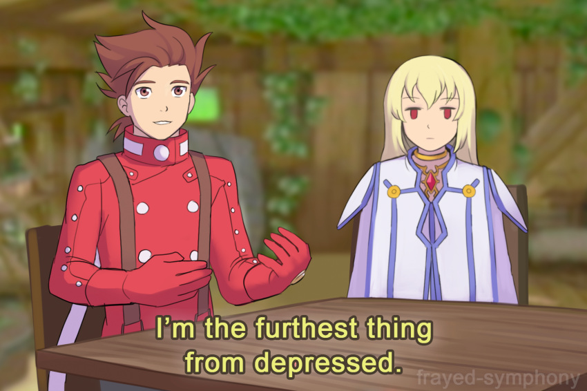 1boy, 1girl, artist_name, blonde_hair, brown_eyes, brown_hair, colette_brunel, english_text
